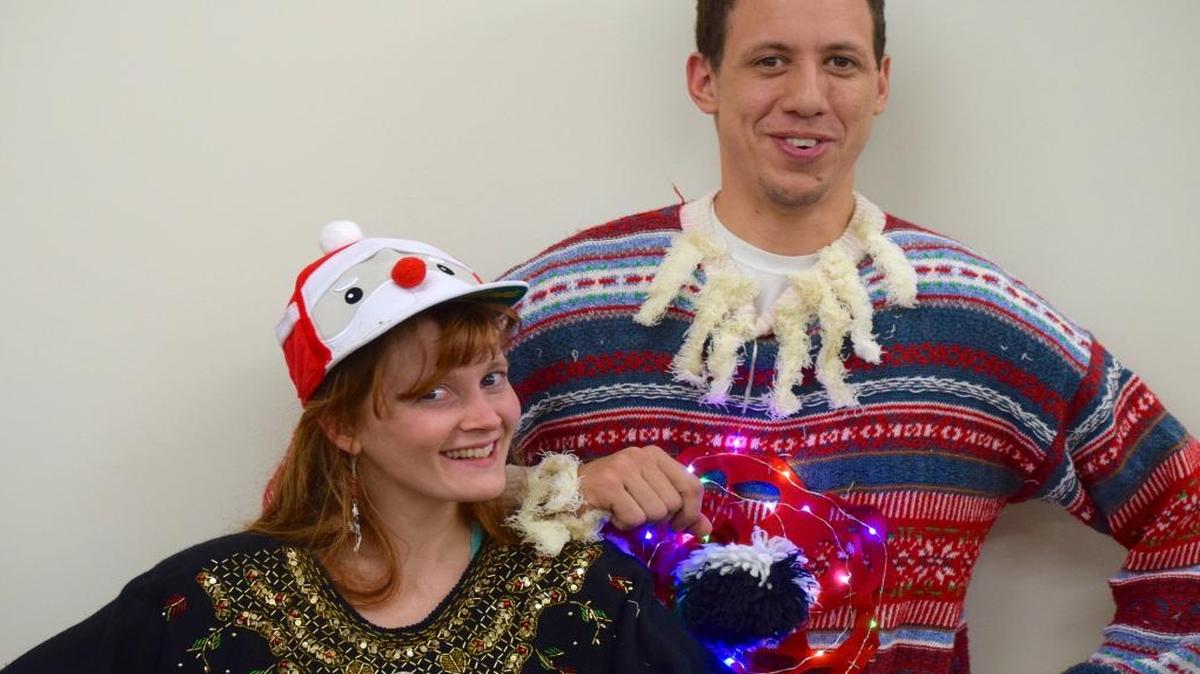 Ragfinery and The Foundry sponsor an Ugly Sweater contest and event, culminating Wednesday, Dec. 9, at Ragfinery and Aslan Brewing Co. Skye Henterly and Ryan Tabb, who work at Ragfinery, model what some people might consider ugly sweaters.