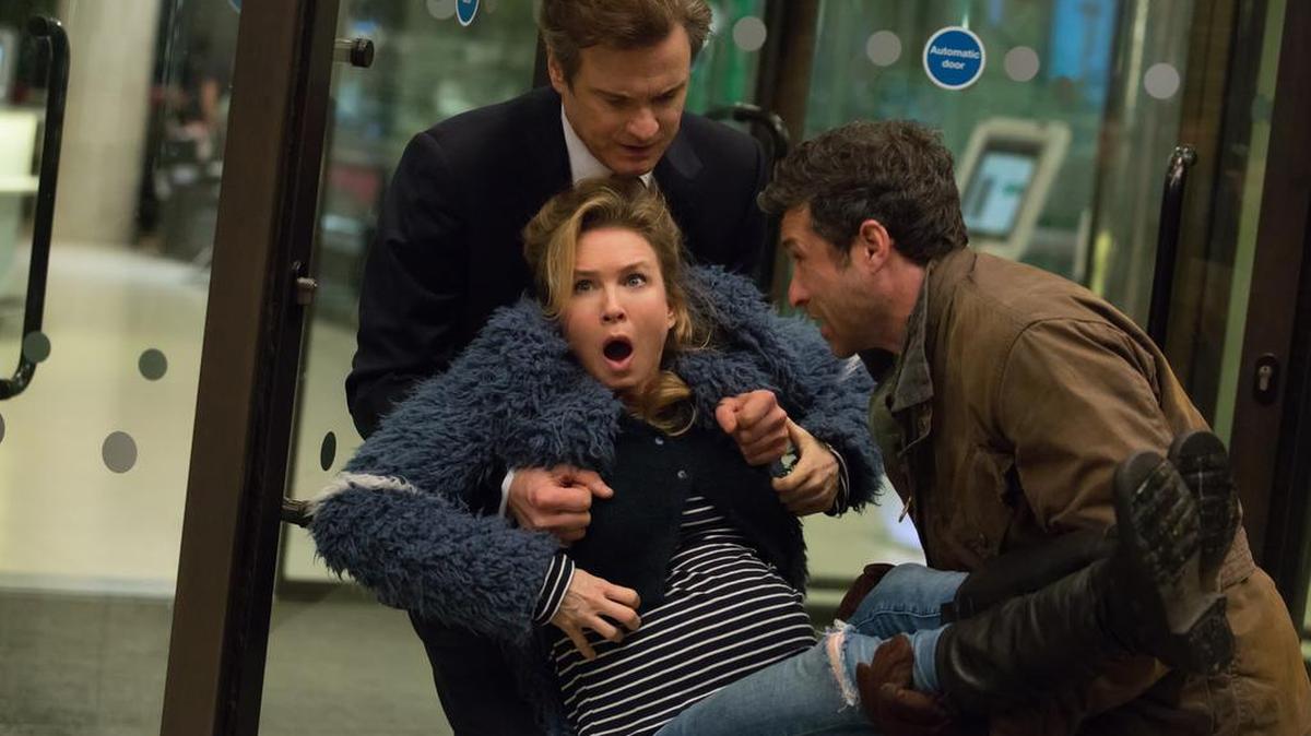 Renée Zellweger, with Colin Firth behind and Patrick Dempsey in front of her, star in “Bridget Jones’s Baby.”
