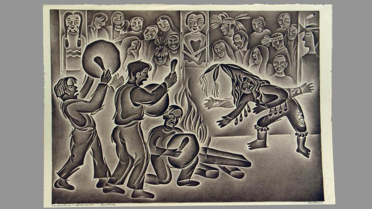 “Winter Dance Time (Spegpegud)” is a 1946-47 lithograph on paper, 16 x 23 inches, by artist Helmi Juvonen, 1903-1985. It’s a gift from Dr. Ulrich and Stella Fritzsche to the Whatcom Museum.