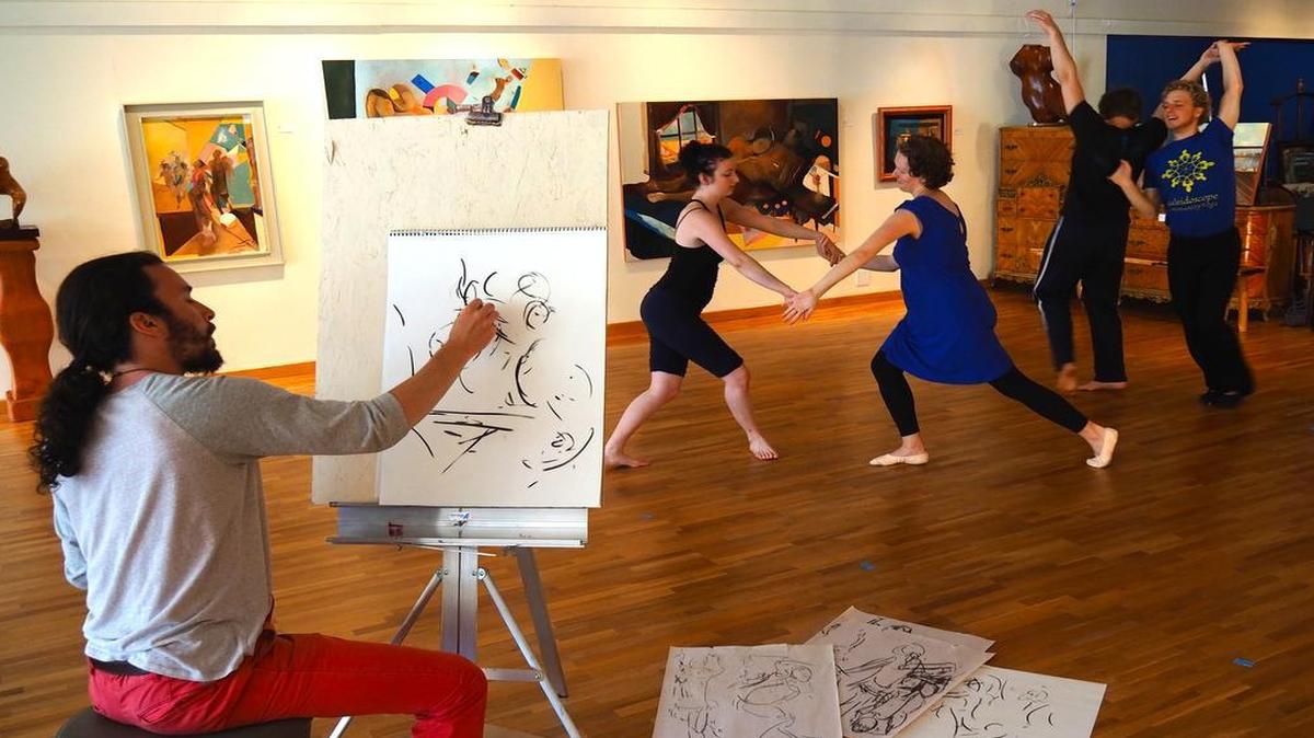 
“Trilogy” combines dance by James Schaberg, far right, painting by Samuel Eisen-Meyers, left, June 28 at Firehouse Performing Arts Center.
