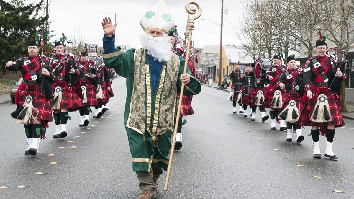 Capt. Brian Flannelly portrays St. Patrick and leads the Bellingham Firefighters Pipes & Drums during the St. Patrick’s Day Parade in 2015.