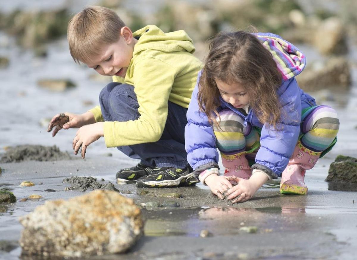 Kieran O’reilly, left, from Bend, Oregon, and Lucy Kanov, right, of Bellingham, sift through the sand at low tide at Marine Park in March 2014.