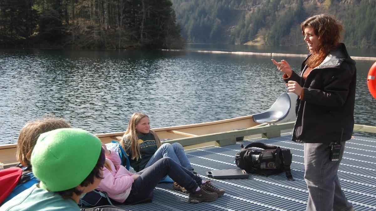 
Students from Geneva Elementary in Bellingham listen to a Mountain School instructor on the shore of Diablo Lake in spring 2009.
