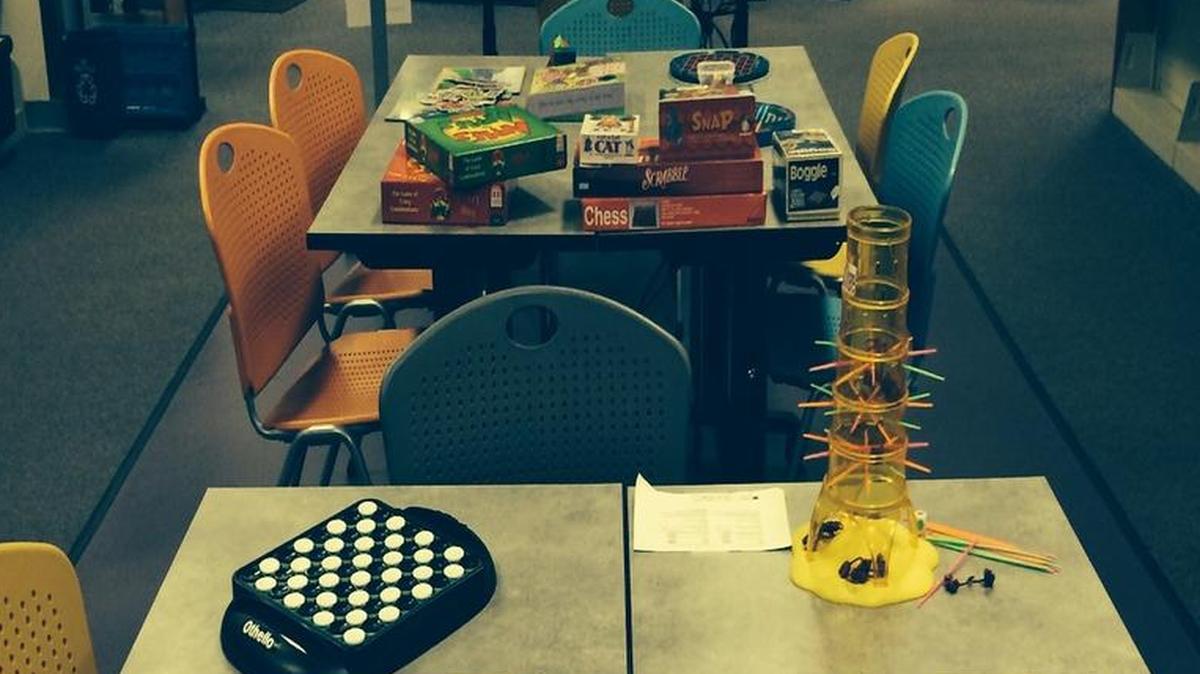 Games are set up for a recent Brain Builders gaming event in the Bellingham Public Library’s SkillShare space.