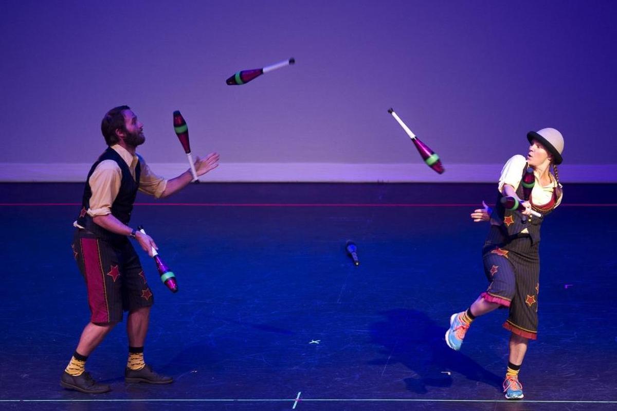 Bellingham Circus Guild’s Wren and Della perform a juggling act at the Mount Baker Theatre.
