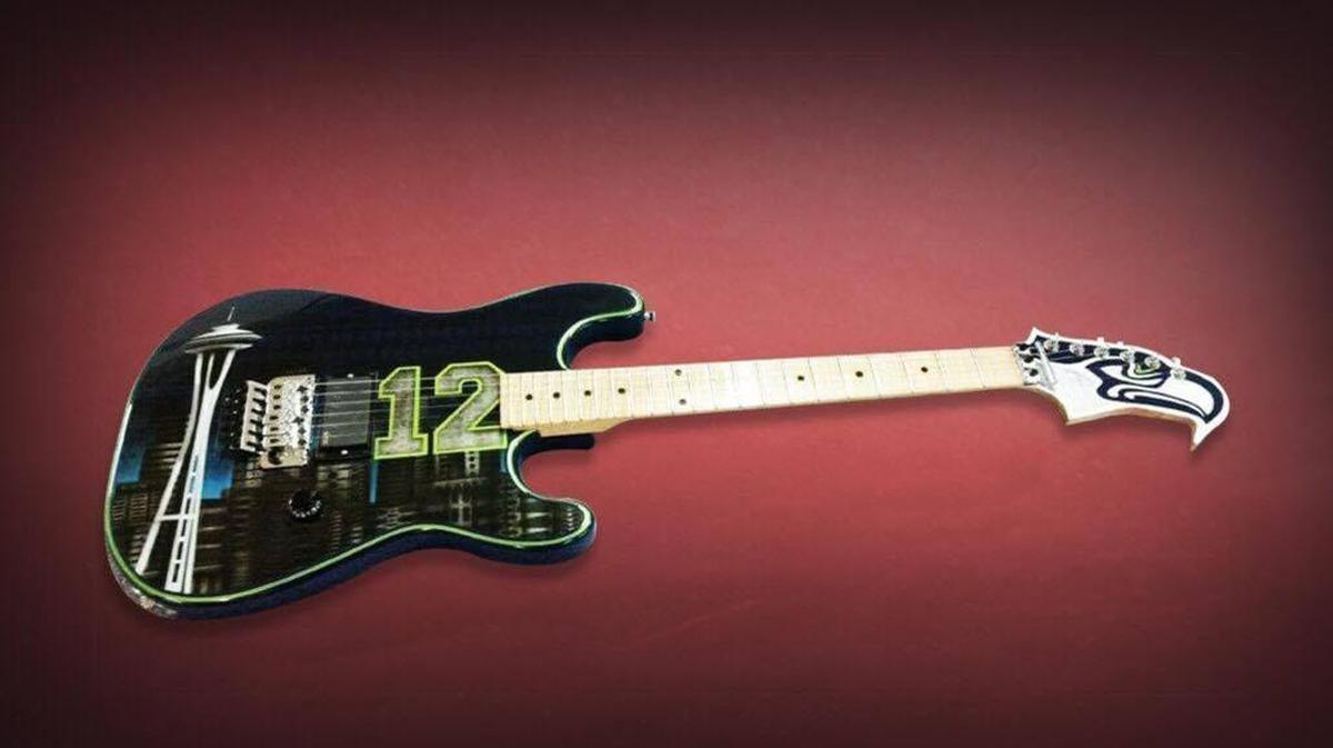 This specially made Seattle Seahawks-inspired guitar is being raffled at the Birch Bay Music Festival.