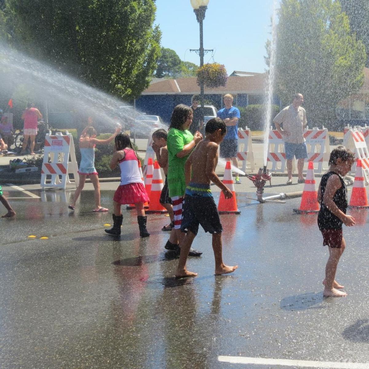 Crowds take part in Splash Days, a temporary spray park, in 2015.