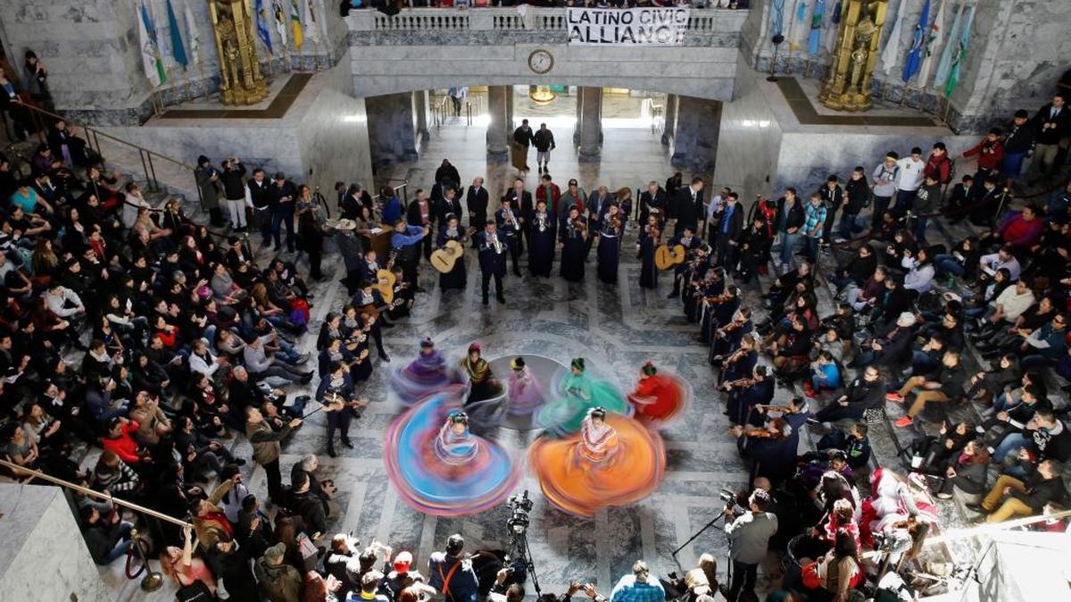 Musicians and dancers from Chicas Reinas in Ferndale and Mariachi Huenachi in Yakima perform in the Capitol Rotunda on Monday, Feb. 22, 2016, in Olympia, Wash., as part of Latino Legislative Day at the Capitol.