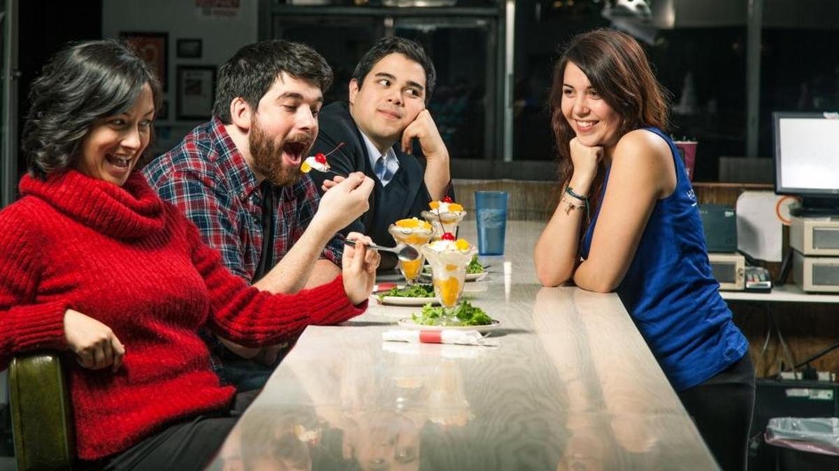 Cass Murphy, left, is Joanne; Zach Wymore is Syd; Mario Orallo-Molinaro is Norman; and Cecce Betancourt is Peaches in “Peaches en Regalia,” on stage Jan. 8-23 at The Underground, 211 E. Chestnut St.