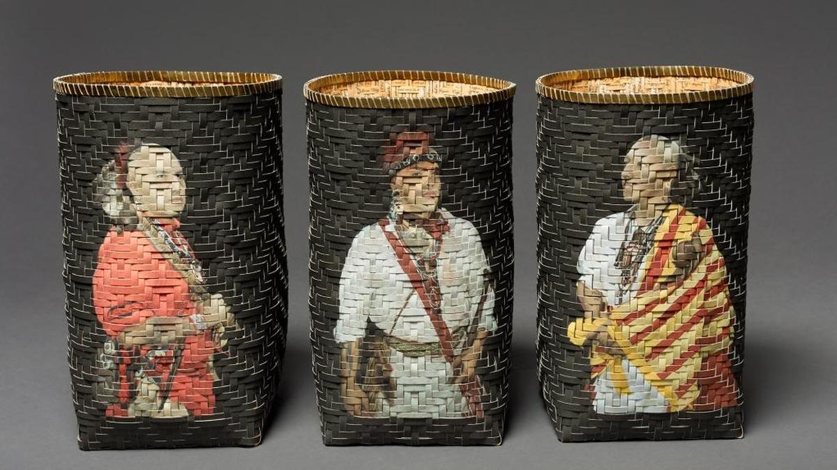 Shan Goshorn’s “They Were Called Kings” baskets, from 2013, are made of watercolor paper, archival inks and acrylic paint. They are part of “Rooted, Revived, Reinvented: Basketry in America” at the Whatcom Museum Feb. 3 to May 6.