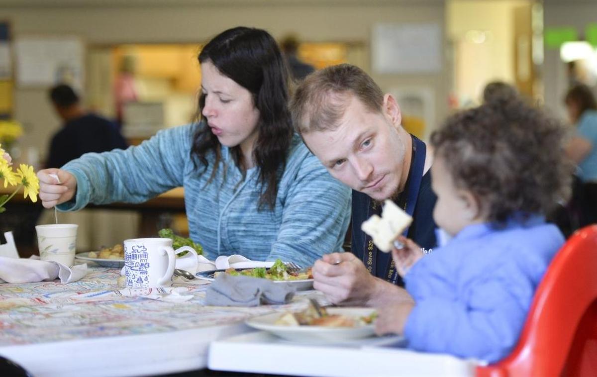 Melissa Darwin, left, Gregory Hegyrozi and Serenity Greco eat lunch at the Maple Alley Inn at Faith Lutheran Church, sponsored by the Opportunity Council. Dine Out for Maple Alley Inn, now in its 17th year, takes place on Tuesday, when restaurants donate a portion their proceeds to the community service.