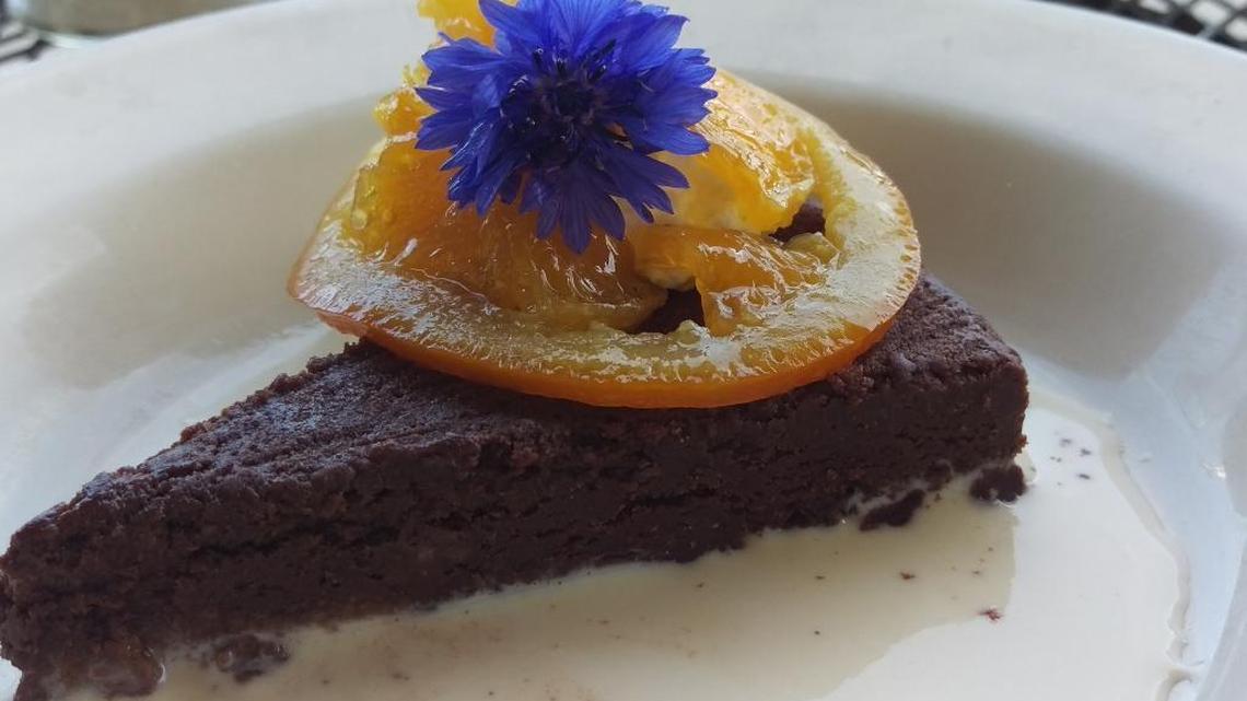 Chocolate torte with orange creme anglaise from Beach Store Cafe on Lummi Island.