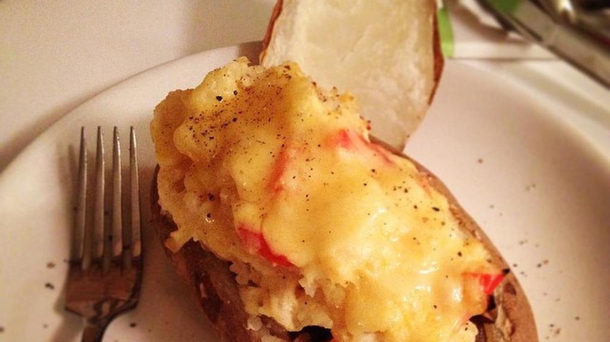 Baked potatoes can be loaded with whatever you want, such as this shepherd’s pie stuffed potato, from a Rachael Ray recipe.