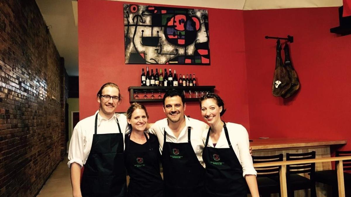The opening staff at Tasca del Tinto, a new restaurant in downtown Bellingham. From left Brandon Nichols, Julie Grace, owner Miguel Losada and Lydia McClaran.