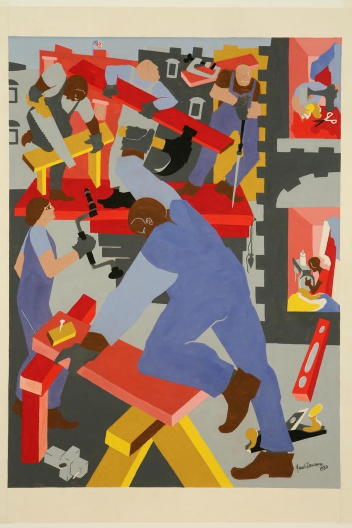 “Builders” by Jacob Lawrence, 1980, gouache on paper, 33 x 24 inches, is a gift of the Washington Art Consortium through gift of Safeco Insurance, a member of the Liberty Mutual Group, to the Whatcom Museum.