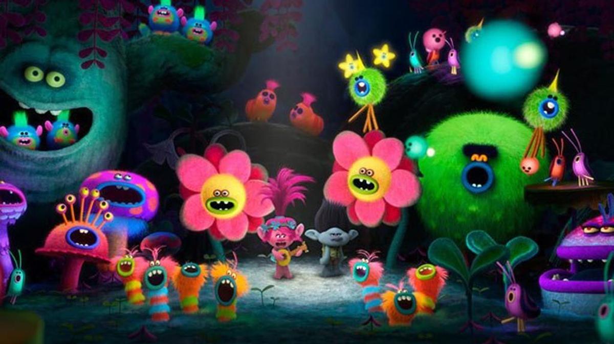 One of the colorful and musical scenes from “Trolls.”