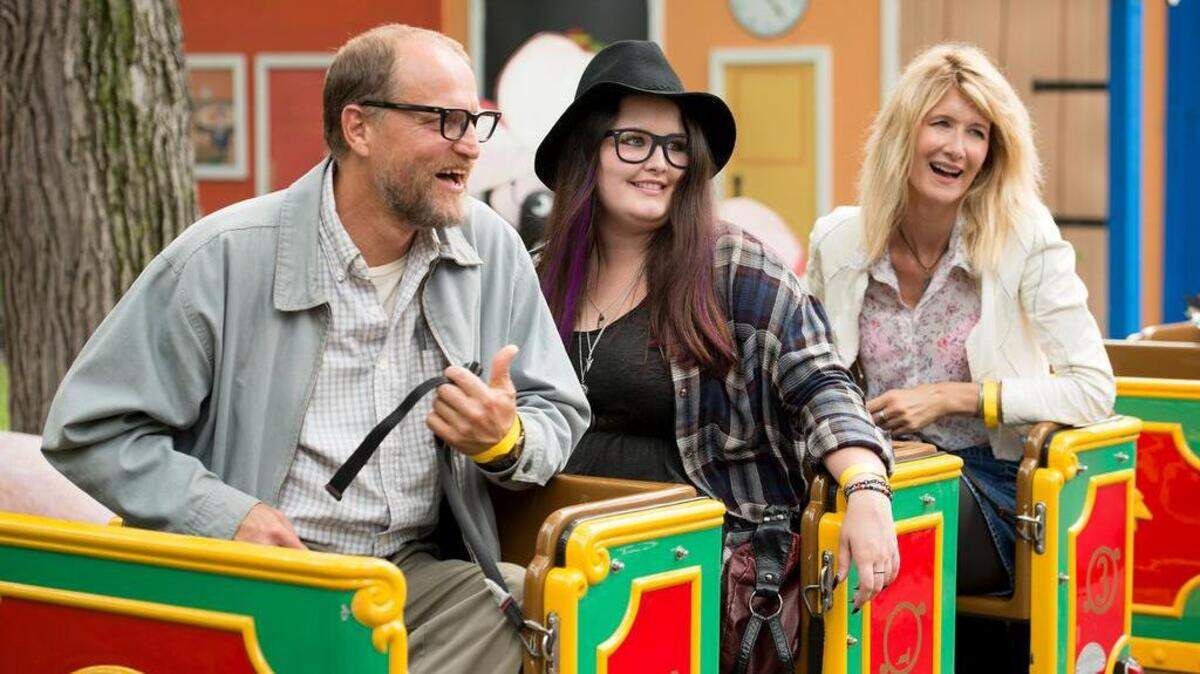 From left, Woody Harrelson as Wilson, Isabella Amana as Claire and Laura Dern as Pippi in “Wilson”
