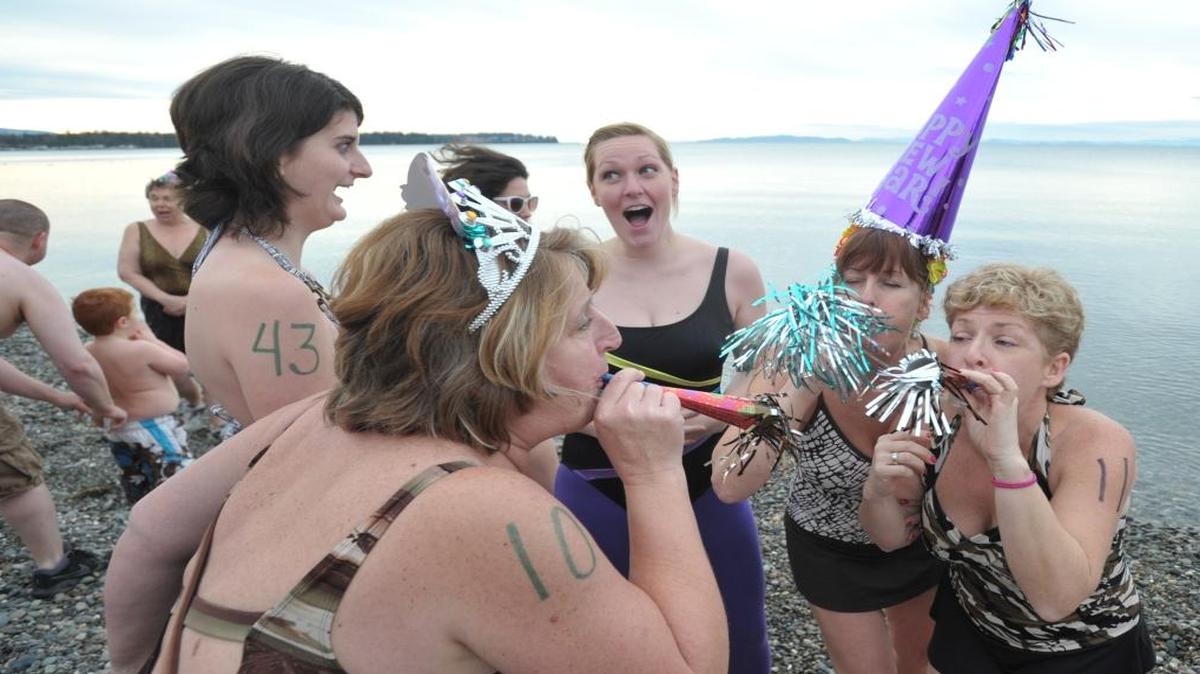 The Jones family takes the 2012 New Year’s Day Polar Bear Plunge together in Birch Bay. The 2016 event begins with registration at 10 a.m.