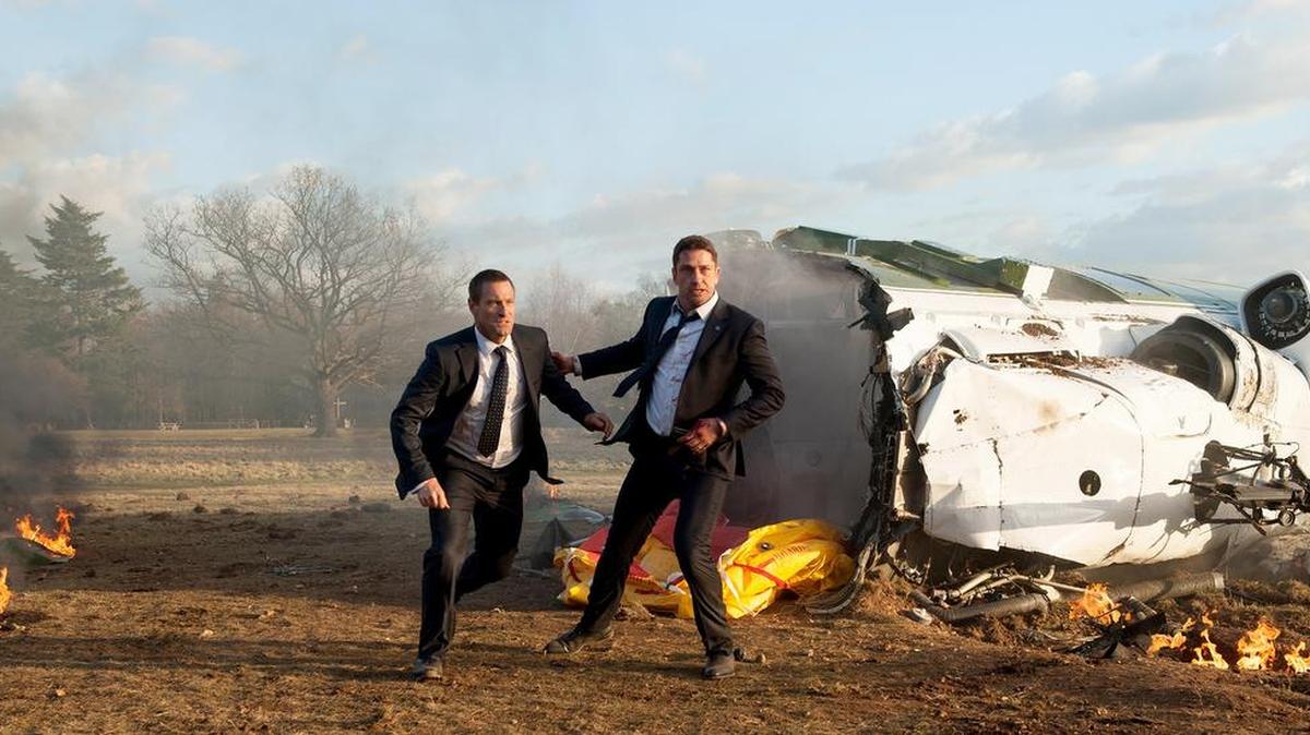 Aaron Eckhart is Benjamin Asher and Gerard Butler is Mike Banning in “London Has Fallen.”