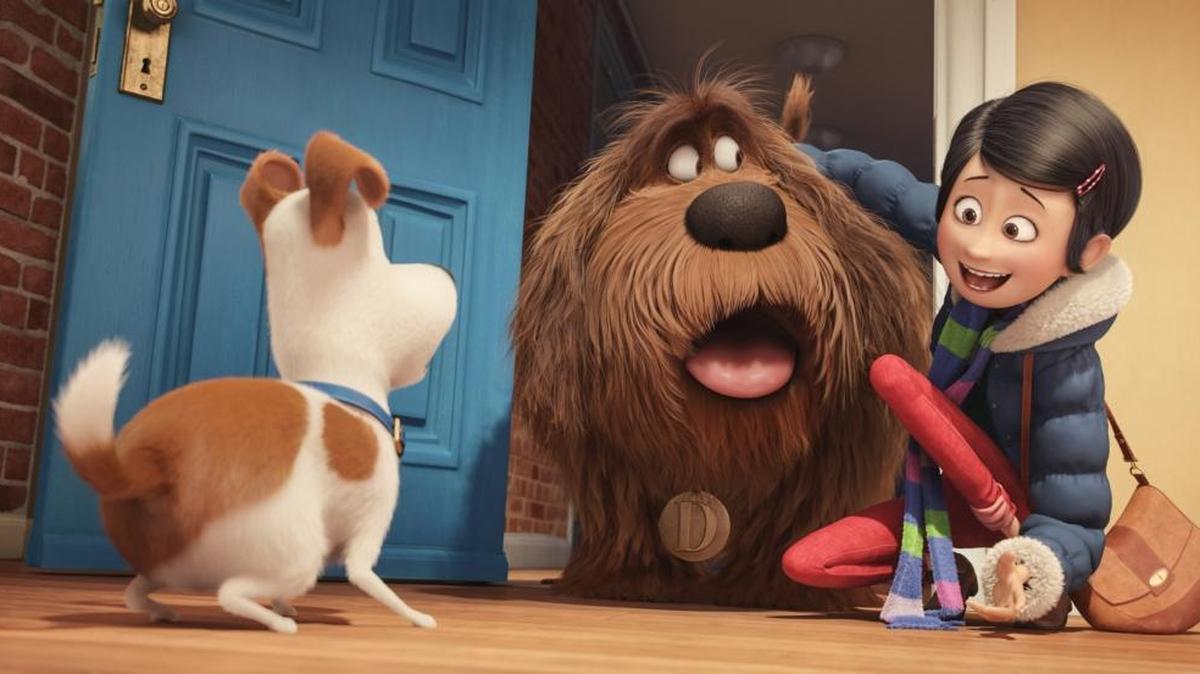 From left, characters Max, voiced by Louis C.K., Duke, voiced by Eric Stonestreet, and Katie, voiced by Ellie Kemper, appear in a scene from “The Secret Lives of Pets.”