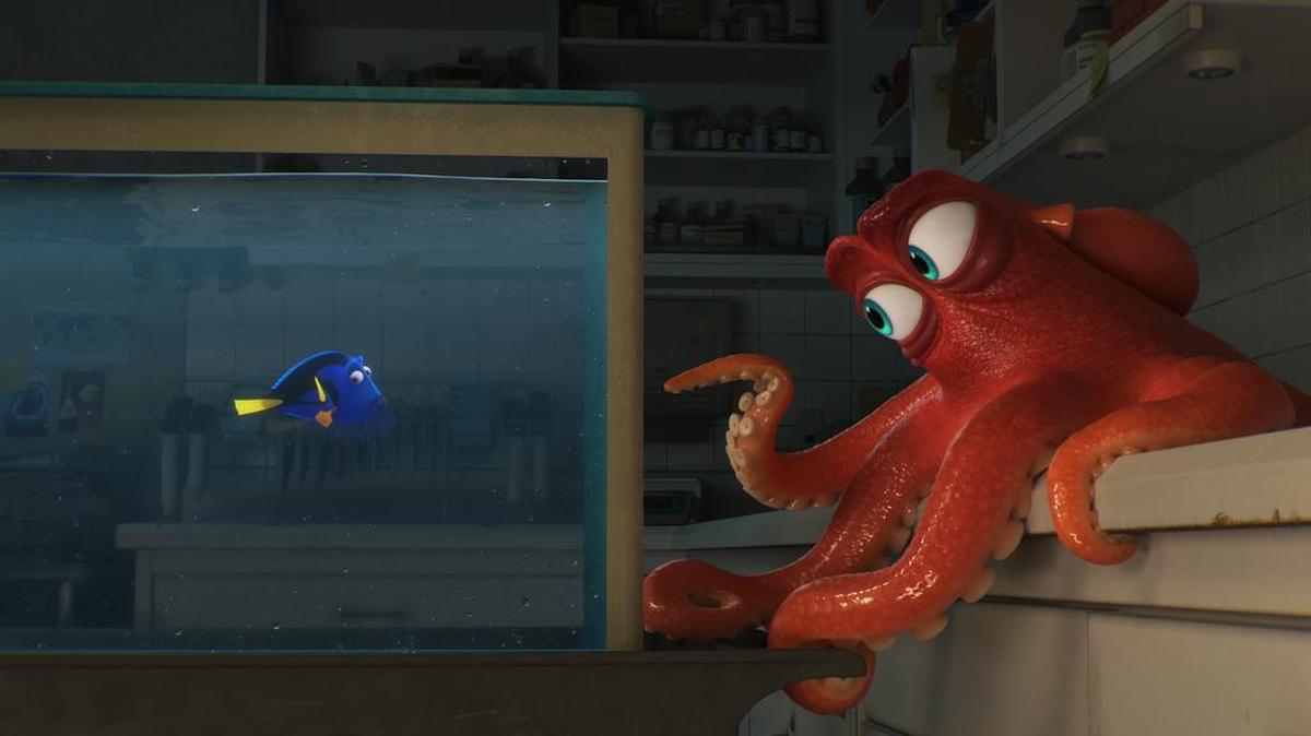 Hank, voiced by Ed O’Neill, right, and Dory, voiced by Ellen DeGeneres, in a scene from “Finding Dory.”
