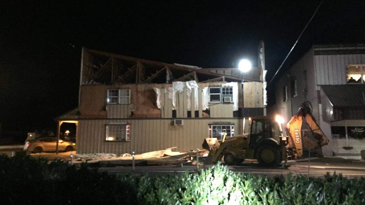Sunday night’s winds gusting up to 70 mph ripped the west facade of the B&B Border Inn’s roof off and deposited nearby on Cherry Street in Sumas. Two people were in an apartment at the time but were uninjured.