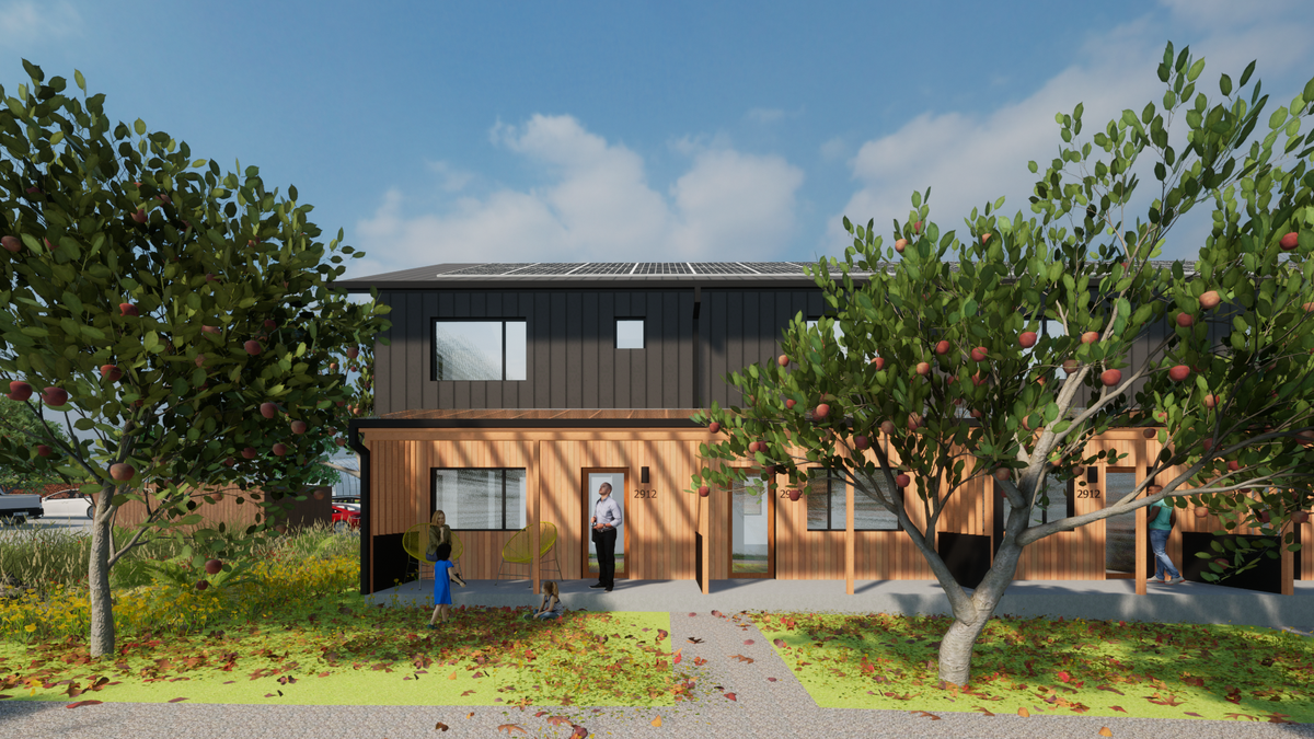 A rendering shows a two-story house design proposed for the permanently affordable homeownership project LaFreniere Court, which is expected to be completed in 2025 in Bellingham, Wash.