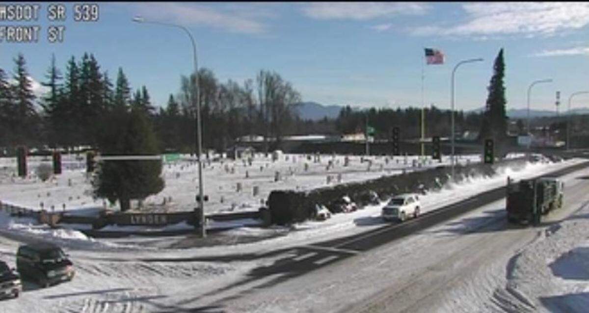 Guide Meridian and Front Street in Lynden, Wash., were covered in compact snow and ice on Tuesday afternoon, Feb. 4, 2025.