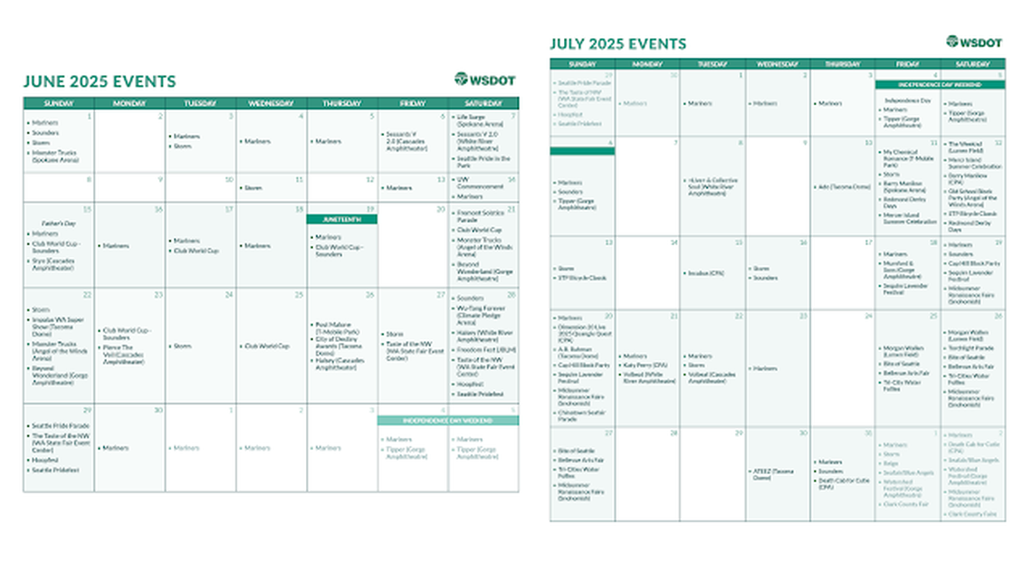 The Washington State Department of Transportation published a calendar of notable events in June and July that could see additional traffic due to summer highway repairs.