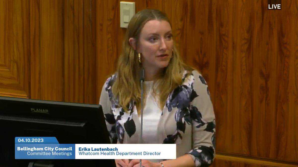 In a screengrab from video, Erika Lautenbach, director of the Whatcom County Department of Health and Community Services, addresses a Bellingham City Council committee on Monday, April 11.