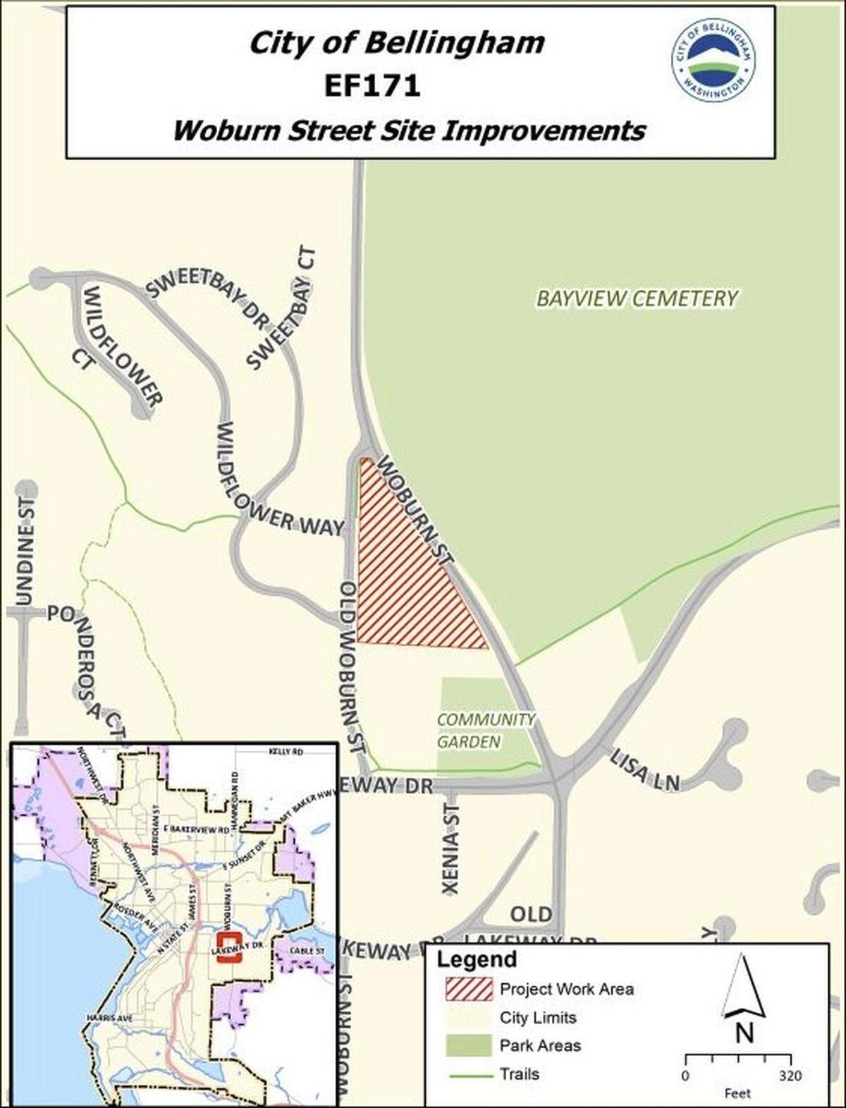 A map shows the project work area for the Woburn Street Site Improvements project in Bellingham, Wash. The project is expected to be completed by March 2025.