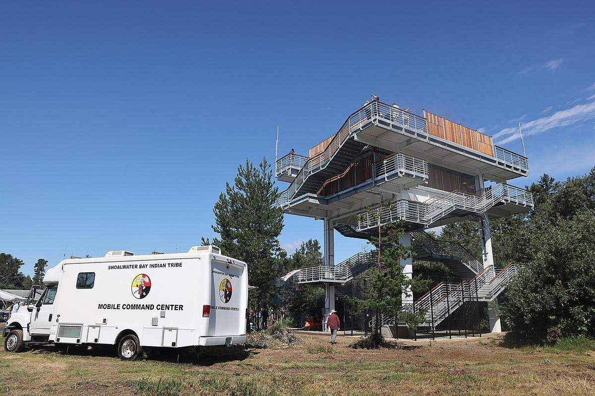 The Shoalwater Bay Indian Tribe has created the first tsunami vertical evacuation tower in the United States, located in Topelake, WA.