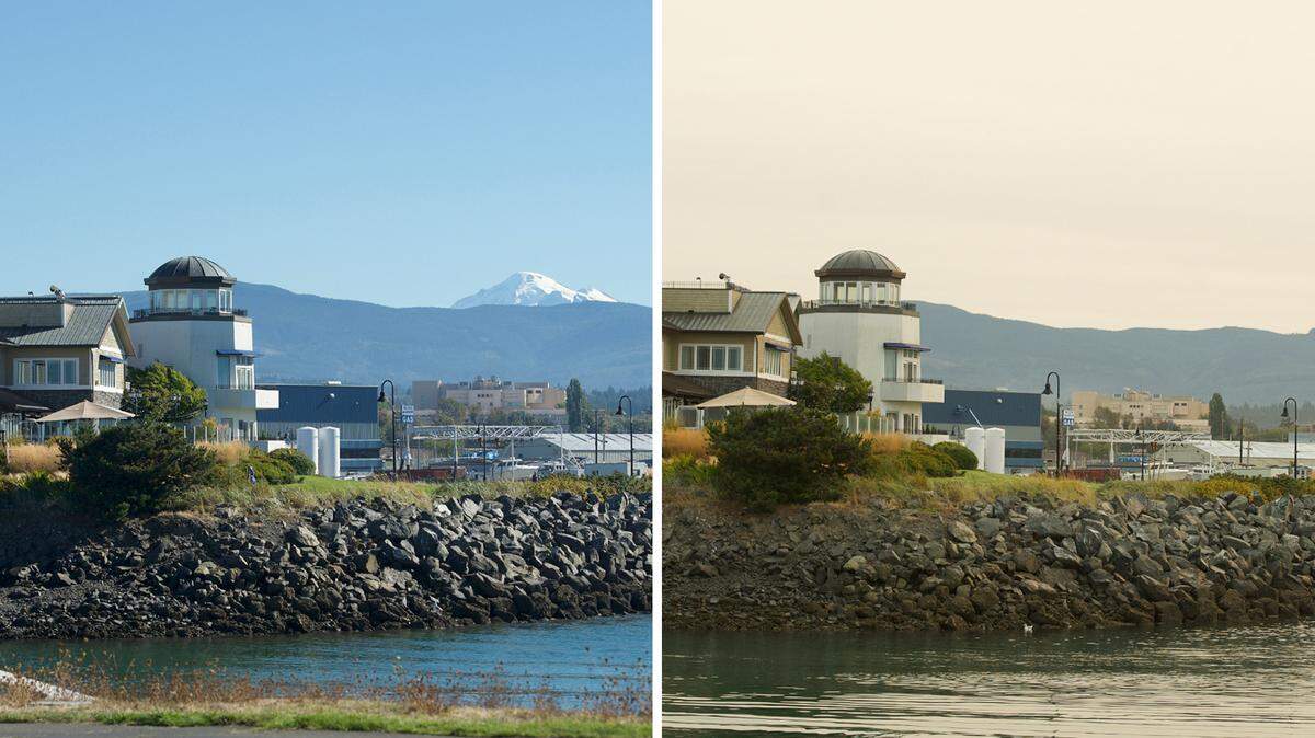 Photos from Zuanich Point Park in Bellingham show the difference drifting wildfire smoke makes from Tuesday, Sept. 29, to Wednesday, Sept. 30. Wildfire smoke blowing north from California caused hazy skies across much of the Northwest, but most of the smoke is expected to remain in the upper atmosphere and not affect air quality near the ground for now. Looking ahead to the winter, Western Washington is looking at cold and wet with heavy mountain snow, according to the National Weather Service in Seattle.
