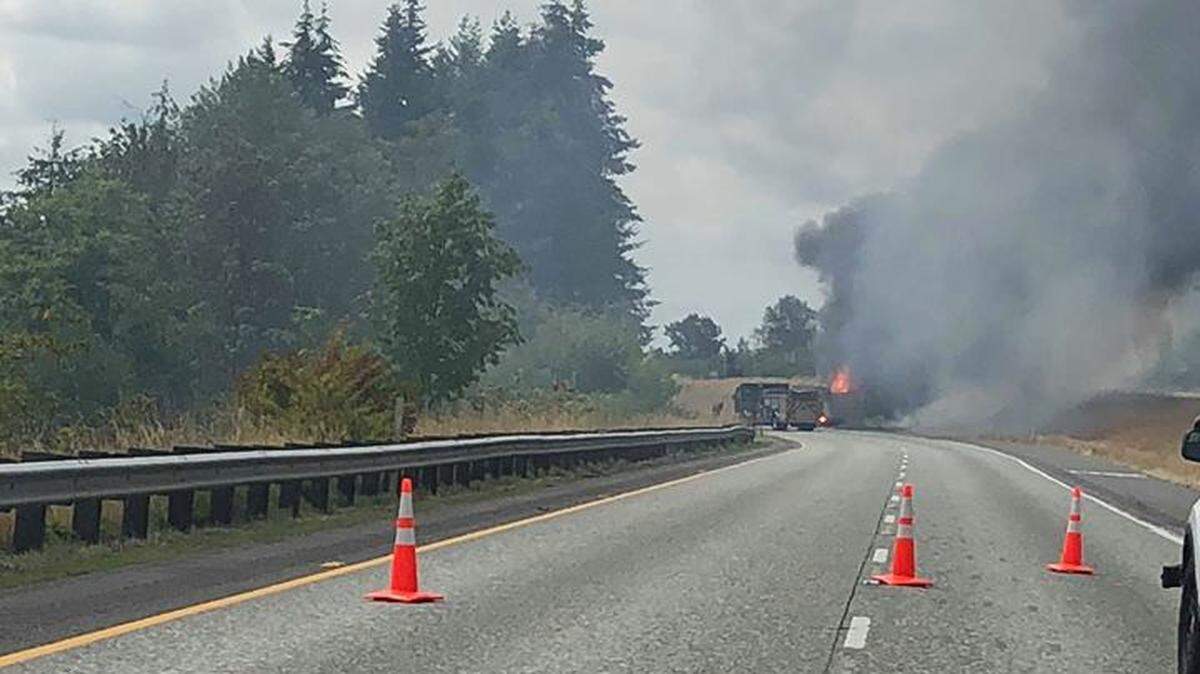 An RV fire has stopped traffic on both southbound lanes of Interstate 5 near Bow Hill Road.