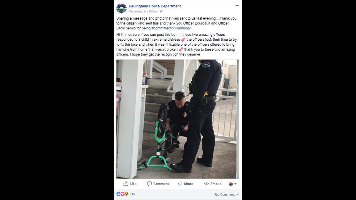 The Bellingham Police Department made a Facebook post Tuesday, thanking Officer Bourgault and Officer Litovchenko for assisting a young boy with his broken bicycle.