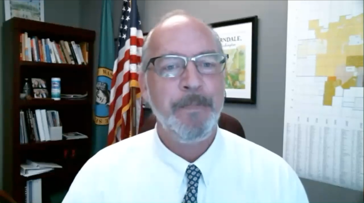 Ferndale mayor Greg Hansen speaks during a video call with Washington state’s U.S. Sen. Patty Murray about the need for local funding during the coronavirus pandemic on Aug. 10.