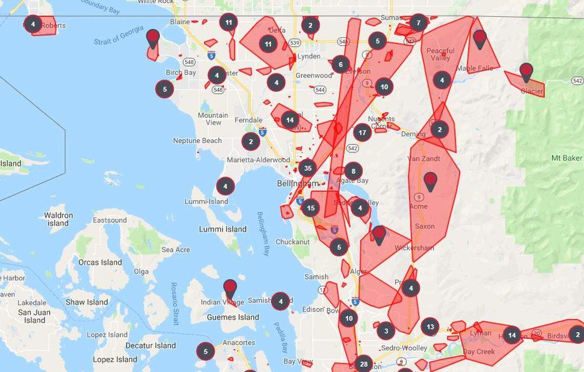 About 57,000 Puget Sound Electric customers remain without power at 5 a.m. Friday. Damage is reportedly heaviest in Whatcom, Kitsap, Island and Skagit counties.