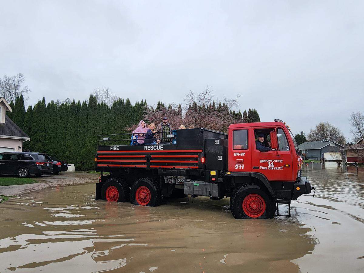 High-water vehicles were used by District 14 to evacuate nearly 50 people from Sumas during heavy flooding, Dec. 11.