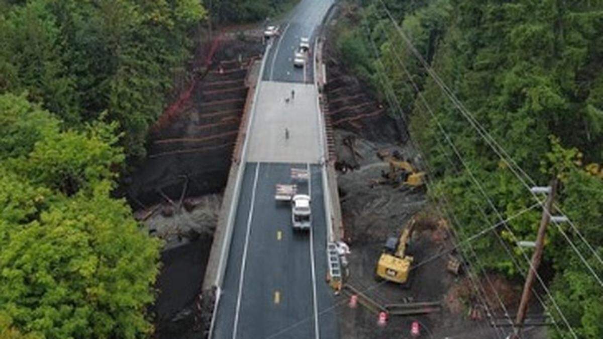 An undated drone photo shows the new Mount Baker Highway bridge over Squalicum Creek just east of Bellingham. The road opened to traffic Monday after a four-month closure.