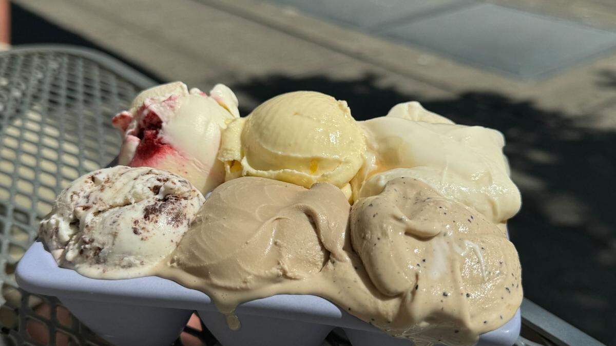 An ice cream flight from Acme Valley Ice Cream with lemon blueberry, orange cream, salted caramel, mint chip, root beer and espresso ice cream scoops on Friday, July 19, 2024 at 1021 Harris Ave. in Bellingham, Wash.
