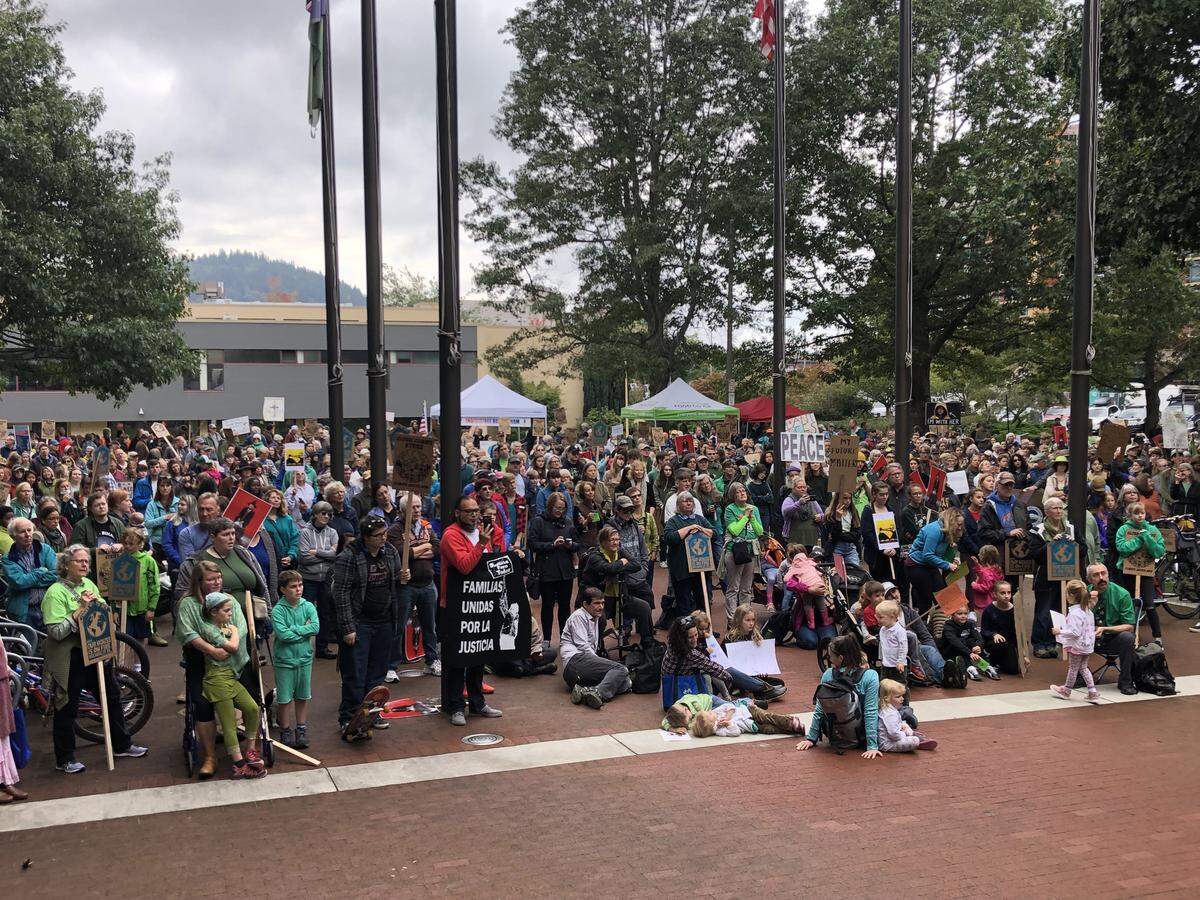 About 2,500 people rally at Bellingham City Hall on Friday morning, part of a worldwide series of school walkouts and demonstrations focused on climate change.