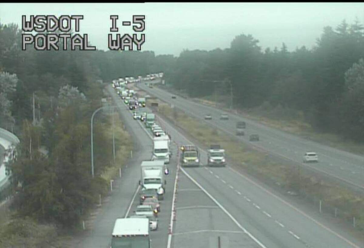 A Washington State Department of Transportation camera captured this image of a traffic backup after a crash early Friday. Aug. 16, 2024, on southbound Interstate 5 at Portal Way near Ferndale, Wash.