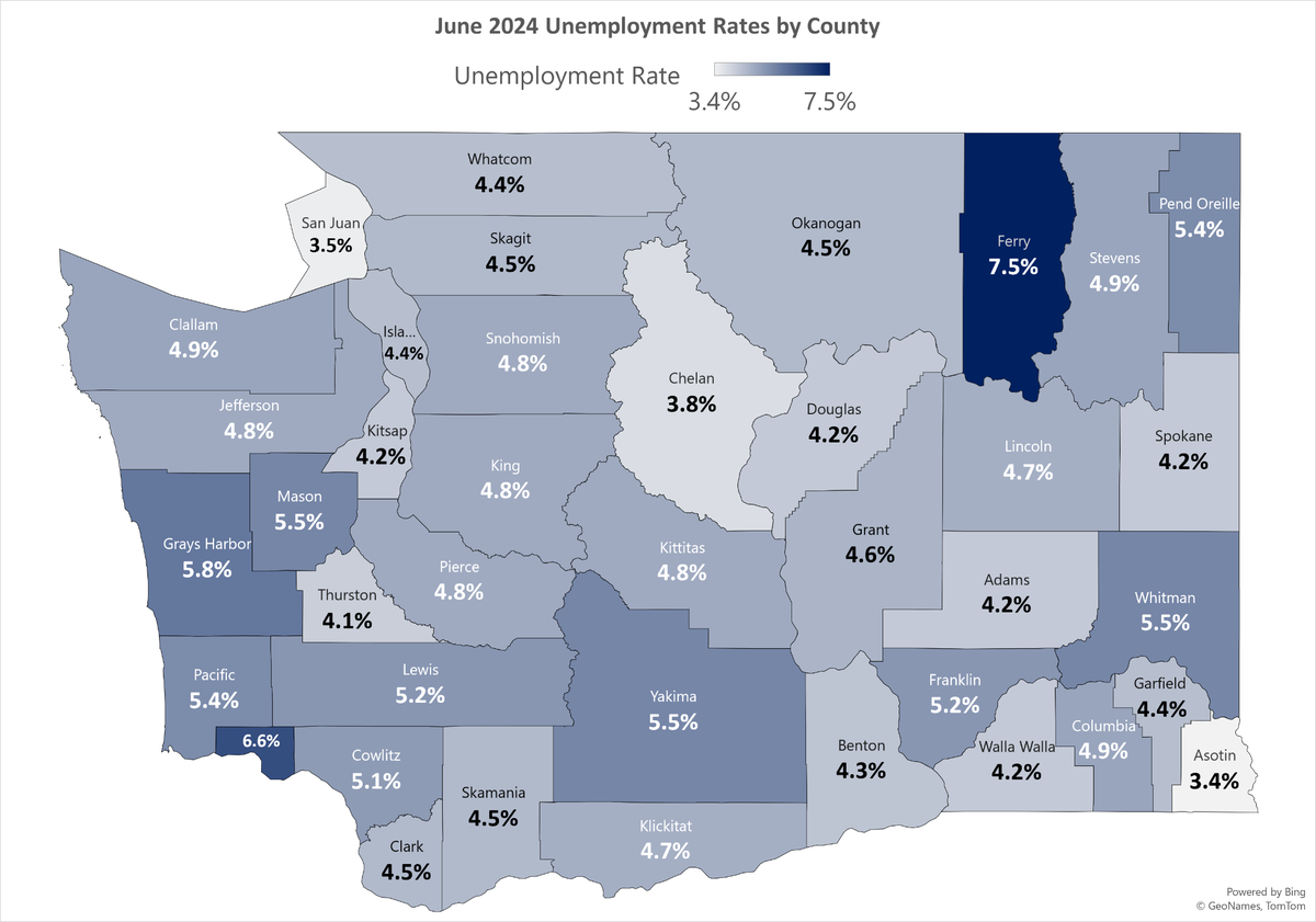 June 2024 Unemployment rates by county