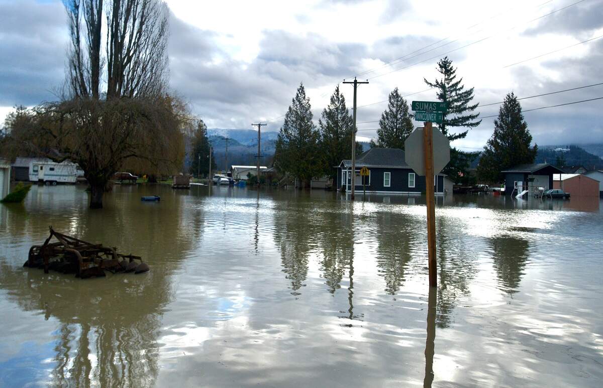 Neighborhoods in Sumas remain flooded Monday.