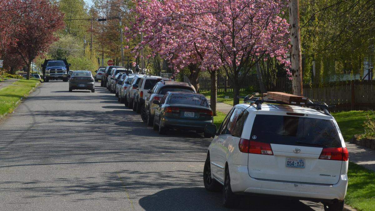 Cars line Franklin Street looking toward Lakeway Drive in Bellingham, Washington.
