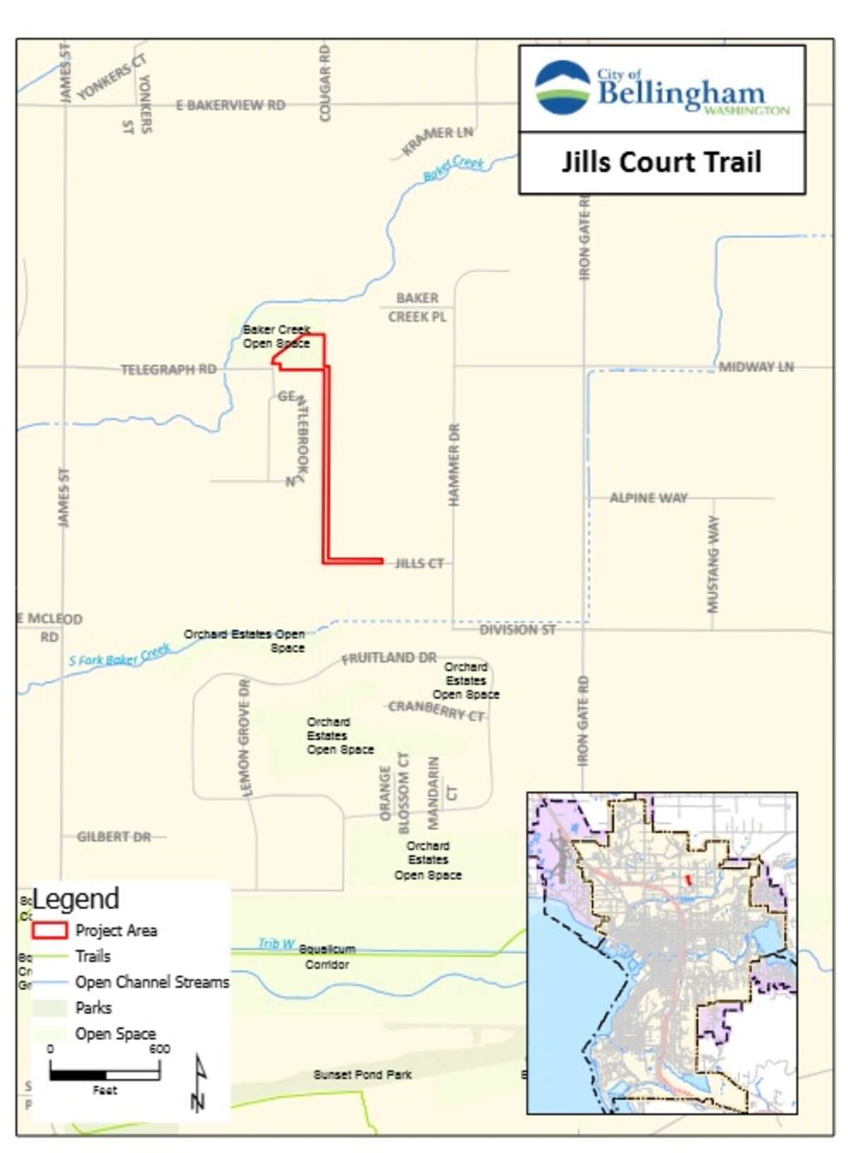 A city of Bellingham map shows the planned new trail connection on Jills Court.