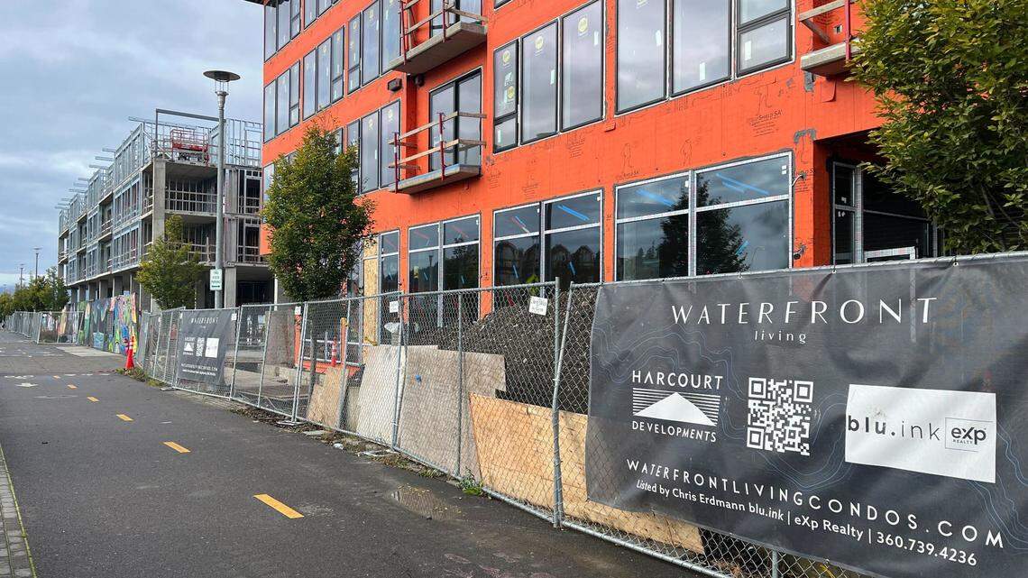 One of the unfinished apartment buildings as seen on Nov. 3, 2023, on the Bellingham waterfront.