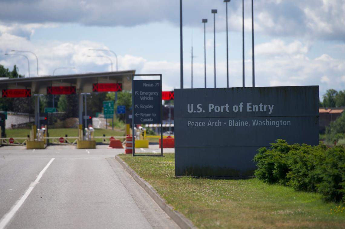 The entrance to the United States is seen from Peace Arch Park on Thursday, June 10, in Blaine. Canada will start allowing fully vaccinated Americans to cross the U.S. border starting Monday, August 9, lifting COVID-19 coronavirus pandemic restrictions.