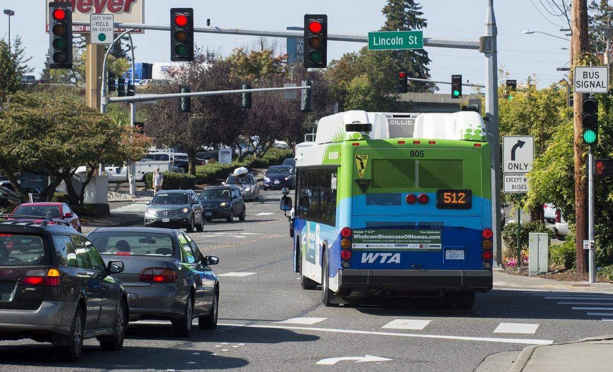 A Whatcom Transportation Authority bus uses a queue-jump lane to bypass traffic on Lakeway Drive in March 2018.