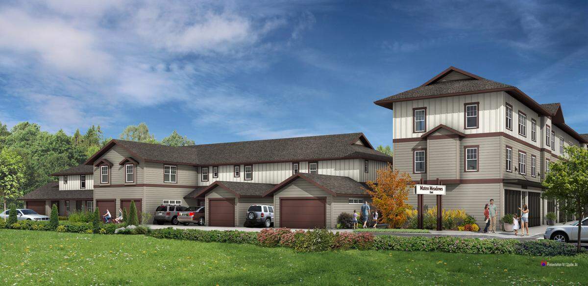 A rendering shows the planned Mateo Meadows Community development in downtown Everson, Wash. The homes are meant to be affordable for those earning between 30% and 120% of the Area Median Income.